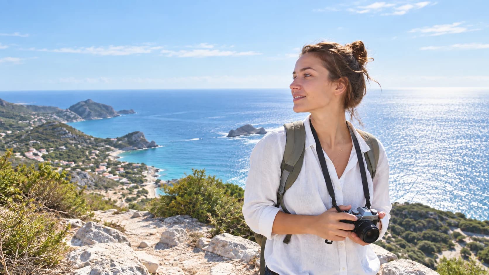 Traveler at a coastal viewpoint after exposure correction