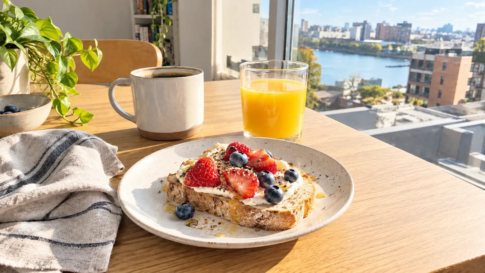 Brunch table beside a window after exposure correction