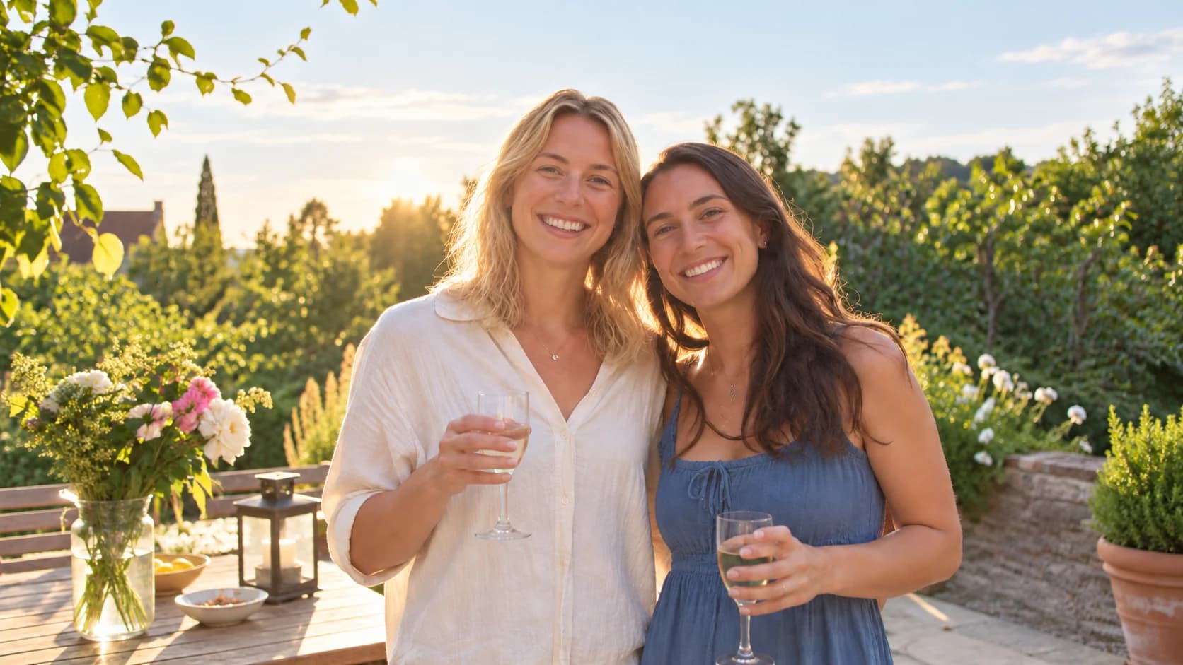 Two friends at a garden celebration after correction